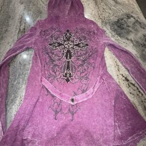 Vocal Small Purple Rhinestones Cross Hooded Tunic Cardigan Biker Grunge USA
